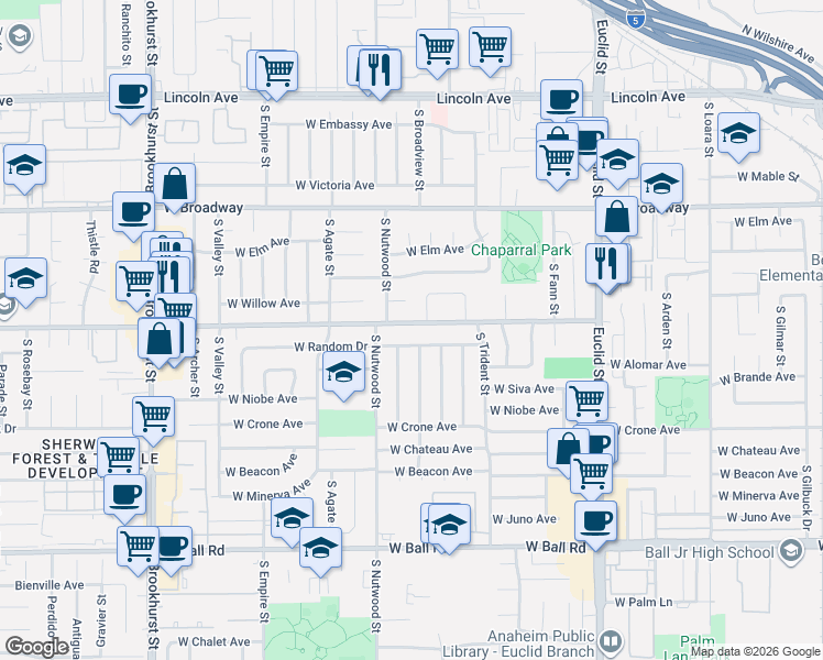 map of restaurants, bars, coffee shops, grocery stores, and more near 1870 Orange Avenue in Anaheim