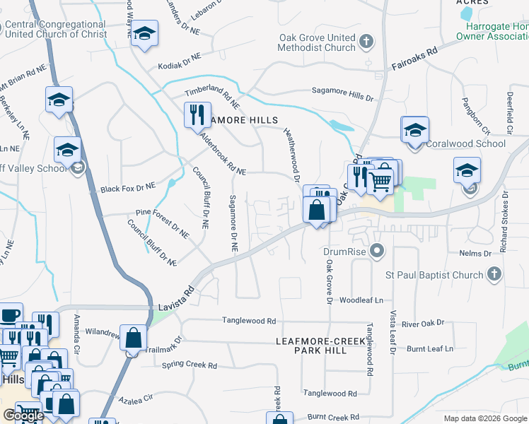 map of restaurants, bars, coffee shops, grocery stores, and more near 2260 Brianwood Trail in Decatur
