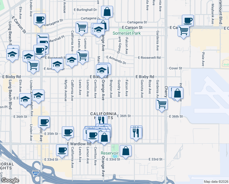 map of restaurants, bars, coffee shops, grocery stores, and more near 3722 Brayton Avenue in Long Beach