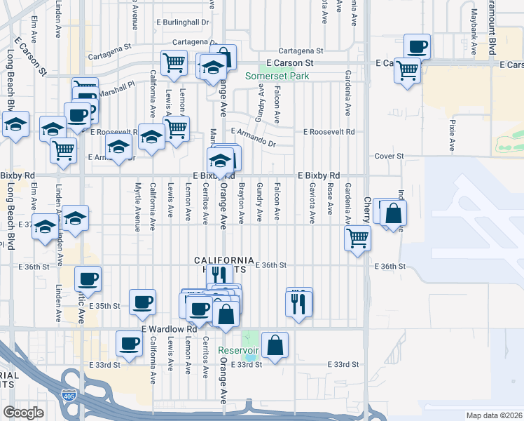 map of restaurants, bars, coffee shops, grocery stores, and more near 3718 Gundry Avenue in Long Beach