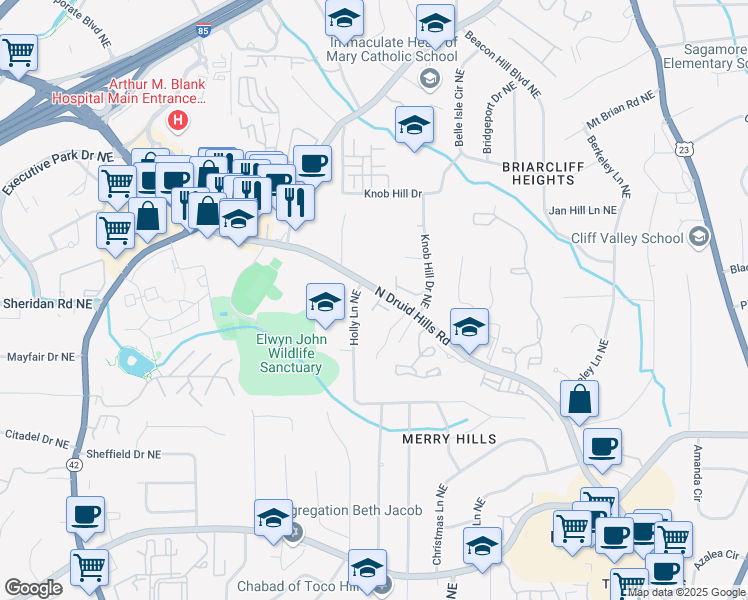 map of restaurants, bars, coffee shops, grocery stores, and more near 1512 Woodbridge Way Northeast in Atlanta