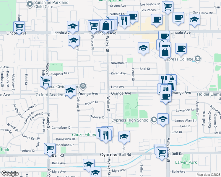 map of restaurants, bars, coffee shops, grocery stores, and more near 5502 Lime Avenue in Cypress