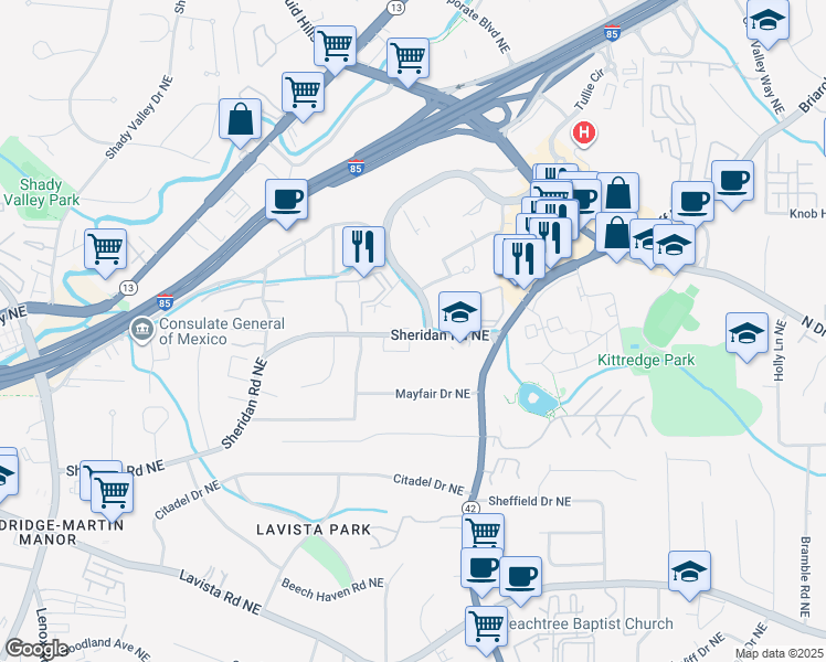 map of restaurants, bars, coffee shops, grocery stores, and more near 1514 Sheridan Road Northeast in Atlanta