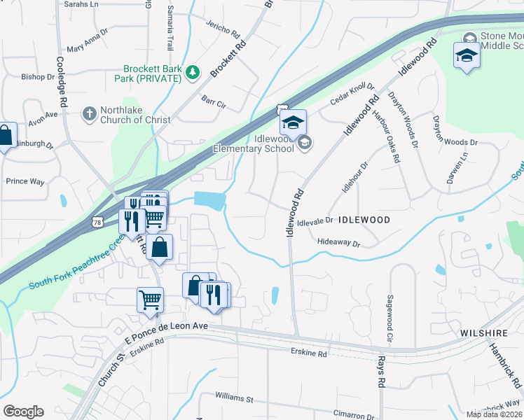 map of restaurants, bars, coffee shops, grocery stores, and more near 4004 Camelot Court in Tucker