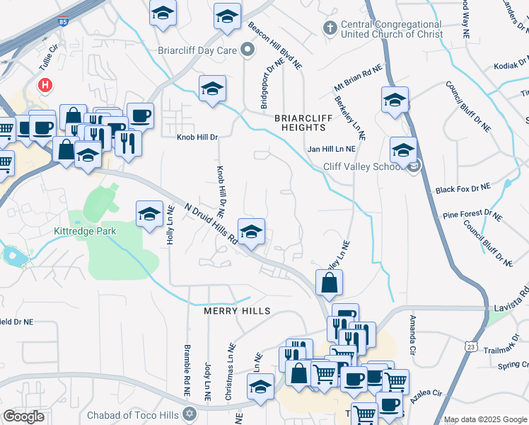 map of restaurants, bars, coffee shops, grocery stores, and more near 1501 High Haven Court Northeast in Atlanta