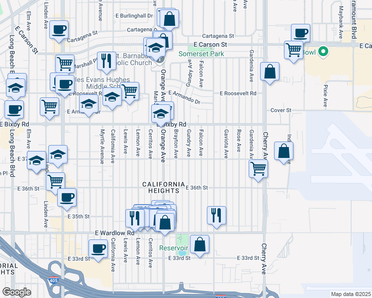 map of restaurants, bars, coffee shops, grocery stores, and more near 3719 Gundry Avenue in Long Beach