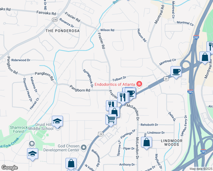 map of restaurants, bars, coffee shops, grocery stores, and more near 1492 Frazier Road in Decatur