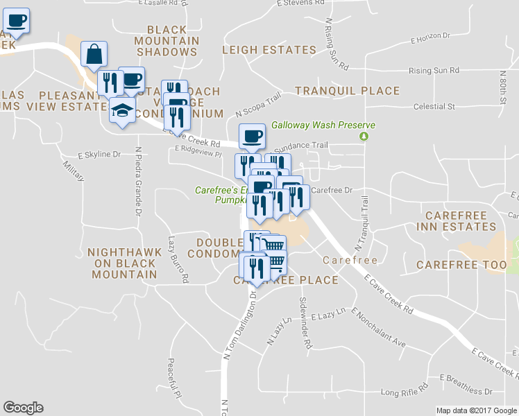 map of restaurants, bars, coffee shops, grocery stores, and more near 201 Easy Street in Carefree