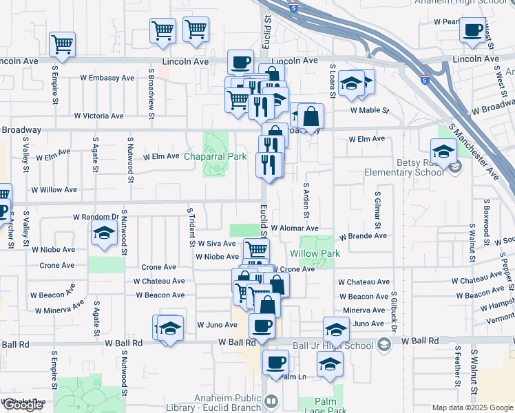 map of restaurants, bars, coffee shops, grocery stores, and more near 601 South Euclid Street in Anaheim