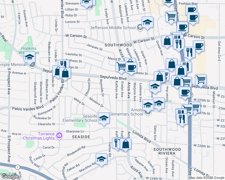 map of restaurants, bars, coffee shops, grocery stores, and more near 4600 Avenue C in Torrance