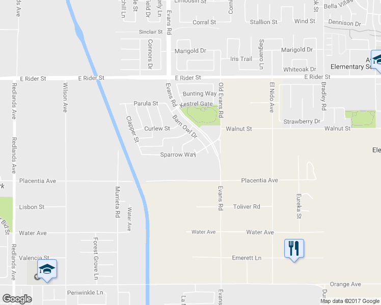 map of restaurants, bars, coffee shops, grocery stores, and more near 2934 Egret Circle in Perris