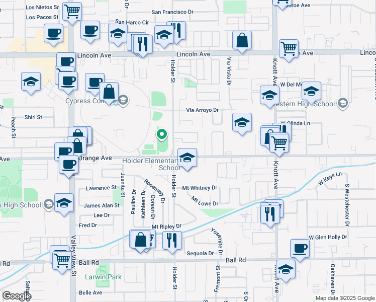 map of restaurants, bars, coffee shops, grocery stores, and more near 6561 Orange Avenue in Anaheim