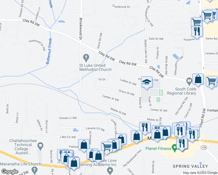 map of restaurants, bars, coffee shops, grocery stores, and more near 1210 Mimosa Circle in Mableton