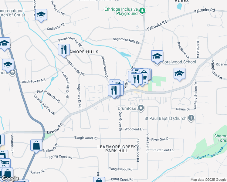 map of restaurants, bars, coffee shops, grocery stores, and more near 1500 Davis Oaks Way in Decatur