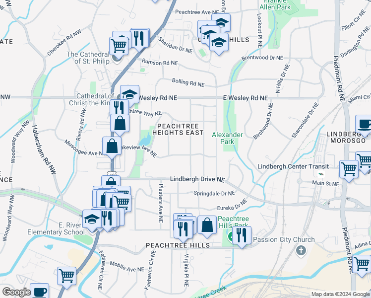 map of restaurants, bars, coffee shops, grocery stores, and more near 202 Lakeview Avenue Northeast in Atlanta
