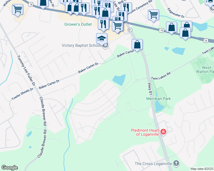map of restaurants, bars, coffee shops, grocery stores, and more near 406 Sonja Lane in Loganville