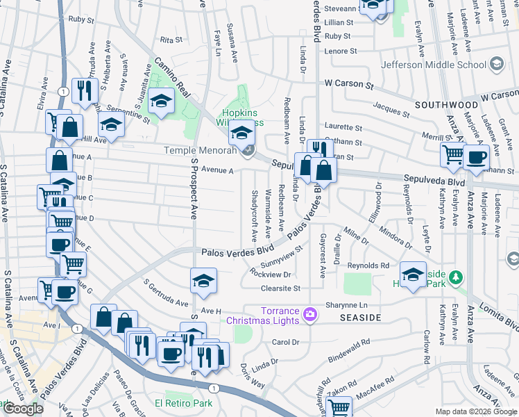 map of restaurants, bars, coffee shops, grocery stores, and more near 22407 Warmside Avenue in Torrance