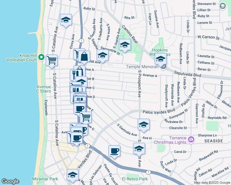 map of restaurants, bars, coffee shops, grocery stores, and more near 752 Avenue C in Redondo Beach