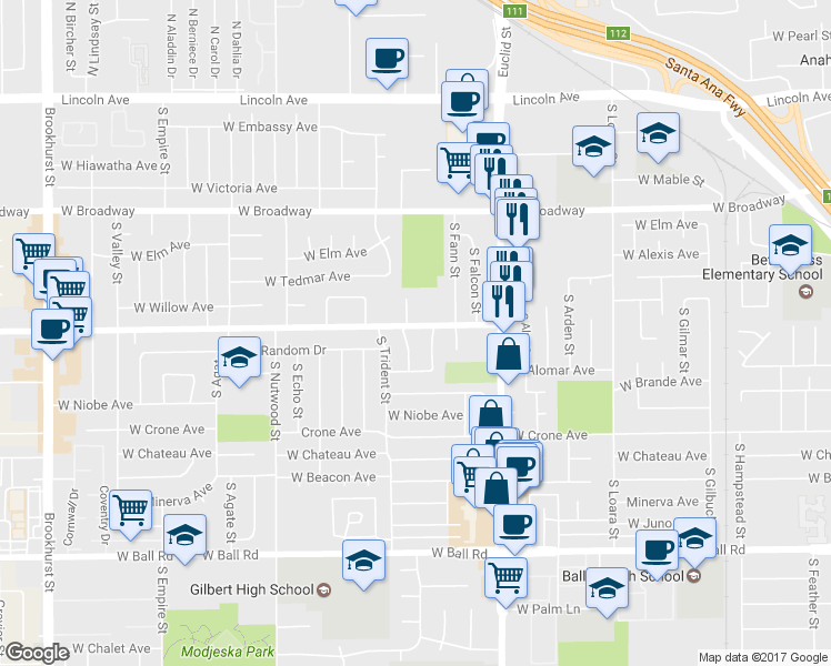 map of restaurants, bars, coffee shops, grocery stores, and more near 1772 West Orange Avenue in Anaheim