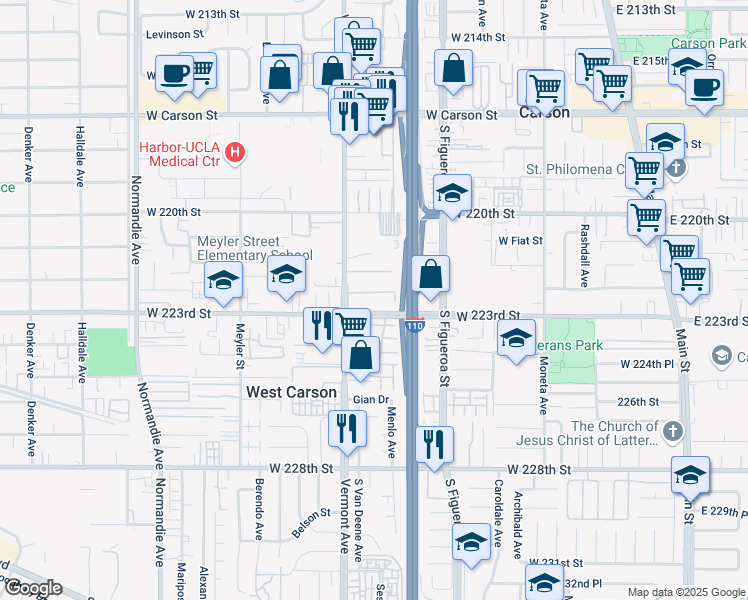 map of restaurants, bars, coffee shops, grocery stores, and more near 22232 South Vermont Avenue in Torrance