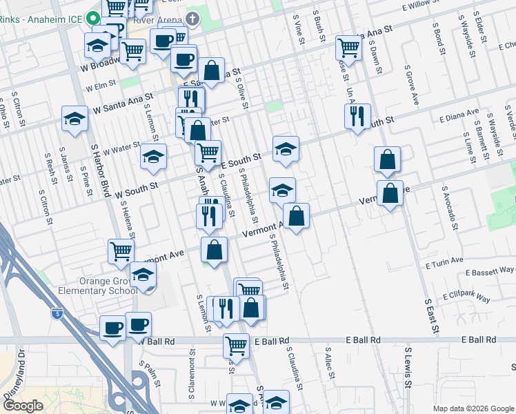 map of restaurants, bars, coffee shops, grocery stores, and more near 870 South Philadelphia Street in Anaheim