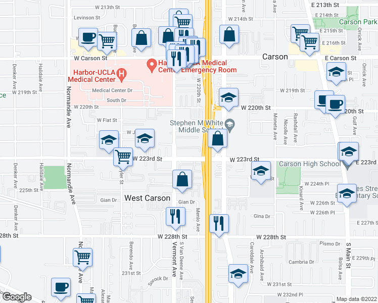 map of restaurants, bars, coffee shops, grocery stores, and more near 22230 Vermont Avenue in Torrance