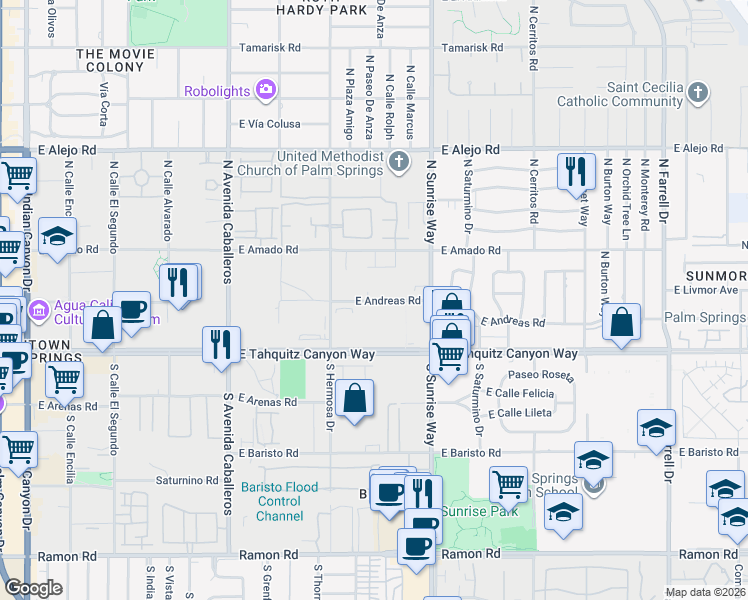 map of restaurants, bars, coffee shops, grocery stores, and more near 1360 East Andreas Road in Palm Springs