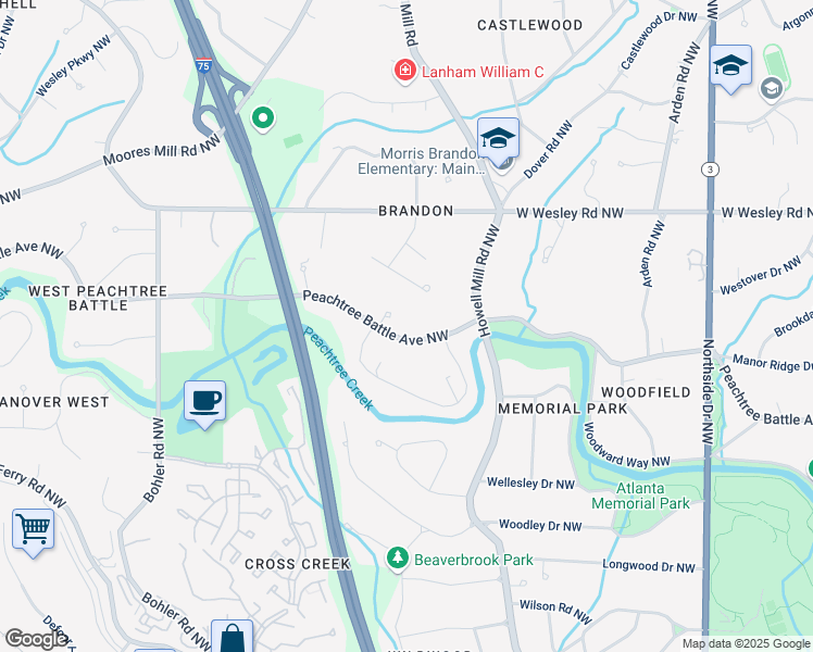 map of restaurants, bars, coffee shops, grocery stores, and more near 973 Peachtree Battle Avenue Northwest in Atlanta
