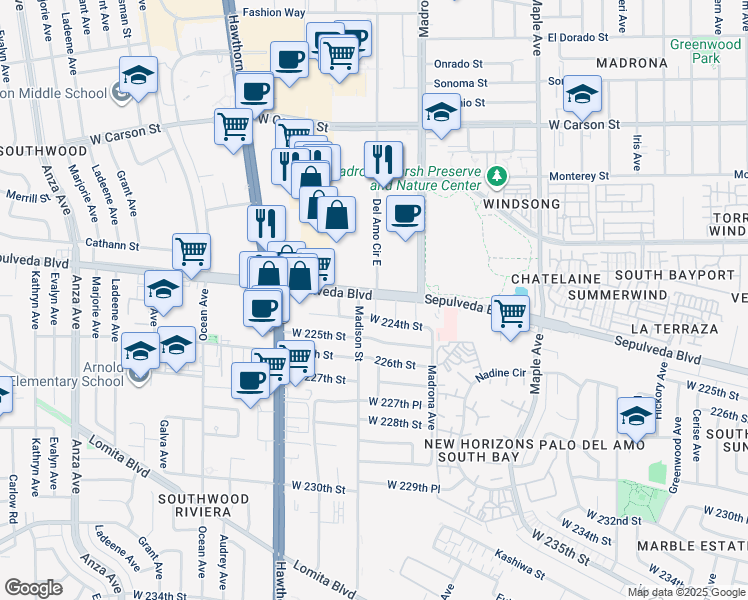 map of restaurants, bars, coffee shops, grocery stores, and more near 22305 Eastwood Court in Torrance
