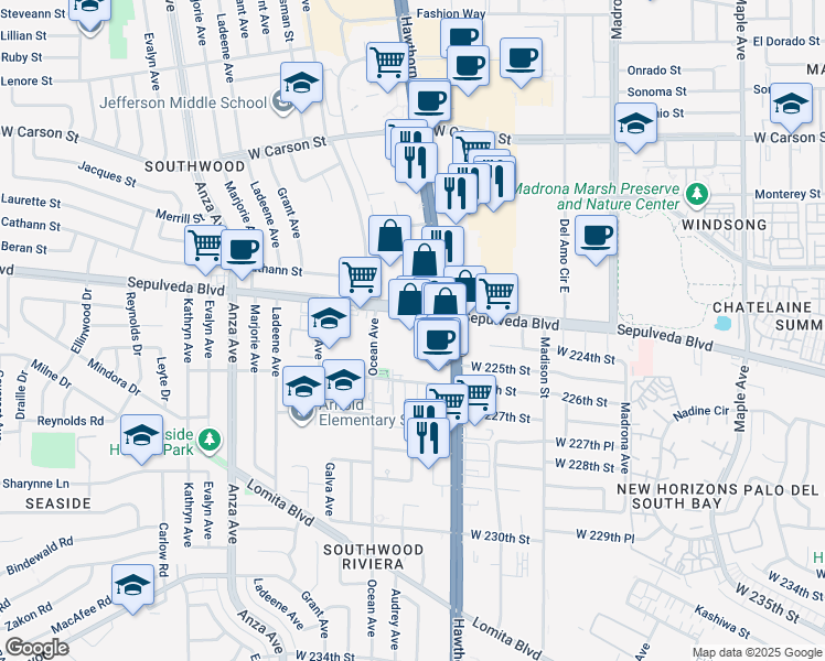 map of restaurants, bars, coffee shops, grocery stores, and more near 3840 Sepulveda Boulevard in Torrance