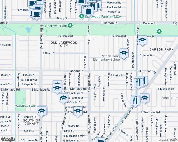 map of restaurants, bars, coffee shops, grocery stores, and more near Woodruff Avenue & East Conant Street in Long Beach