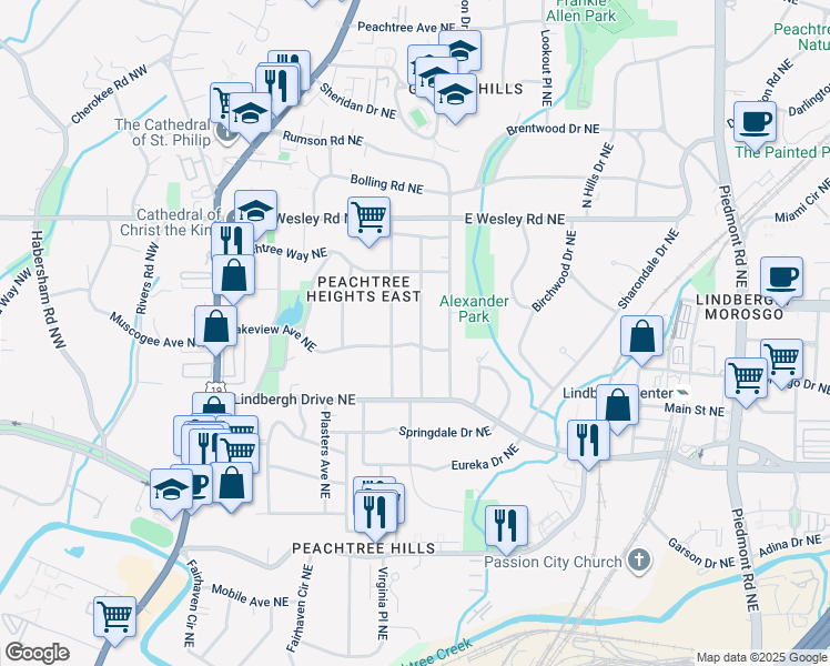 map of restaurants, bars, coffee shops, grocery stores, and more near 250 Lakeview Avenue Northeast in Atlanta