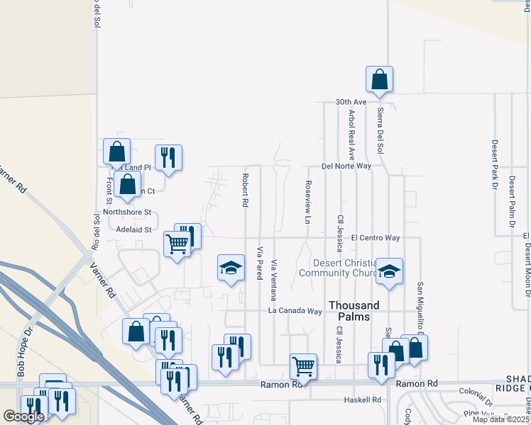 map of restaurants, bars, coffee shops, grocery stores, and more near 30830 Vía Pared in Thousand Palms