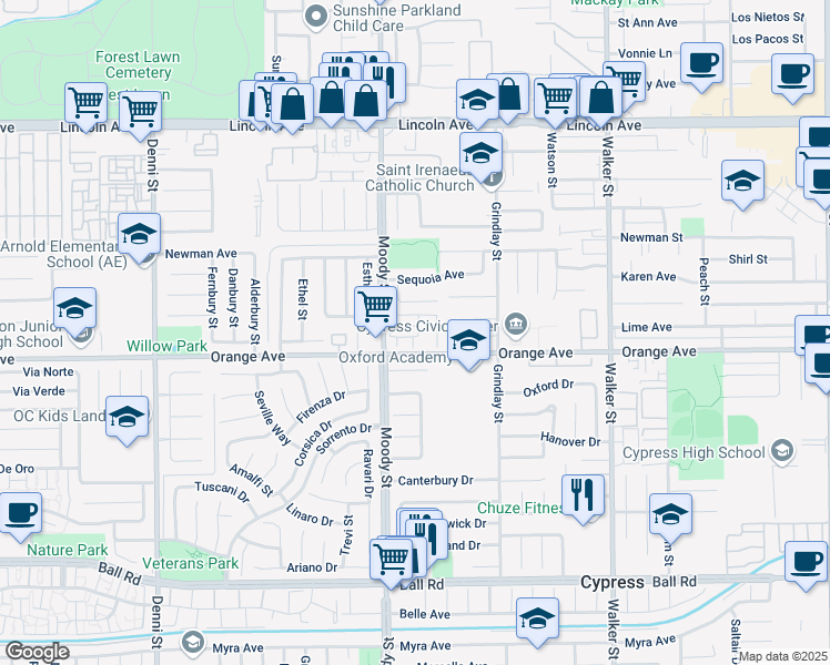map of restaurants, bars, coffee shops, grocery stores, and more near 5081 Moody Street in Cypress