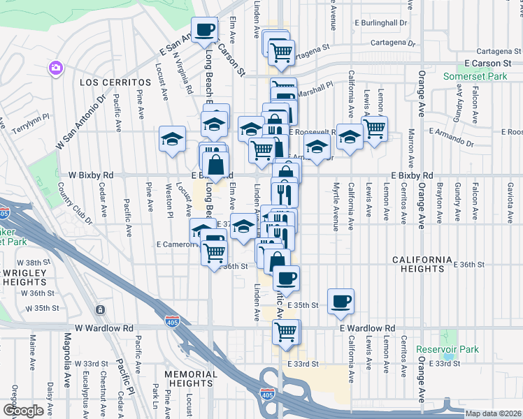 map of restaurants, bars, coffee shops, grocery stores, and more near 3720 Linden Avenue in Long Beach