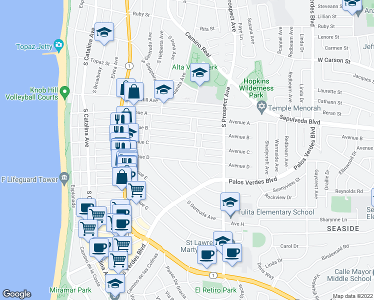 map of restaurants, bars, coffee shops, grocery stores, and more near 752 Avenue C in Redondo Beach