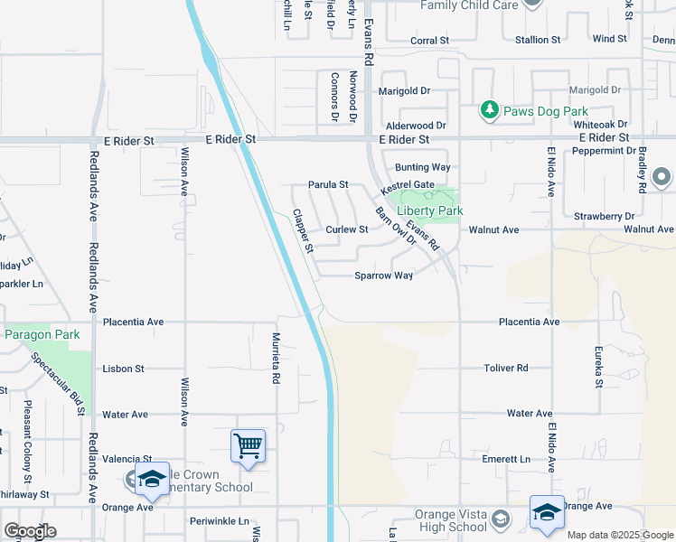 map of restaurants, bars, coffee shops, grocery stores, and more near 906 Sparrow Way in Perris