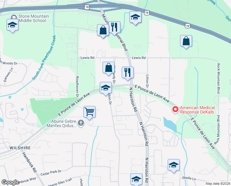 map of restaurants, bars, coffee shops, grocery stores, and more near 1506 Kilmuir Way in Stone Mountain
