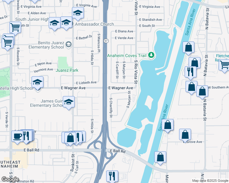 map of restaurants, bars, coffee shops, grocery stores, and more near 2725 East Maverick Avenue in Anaheim