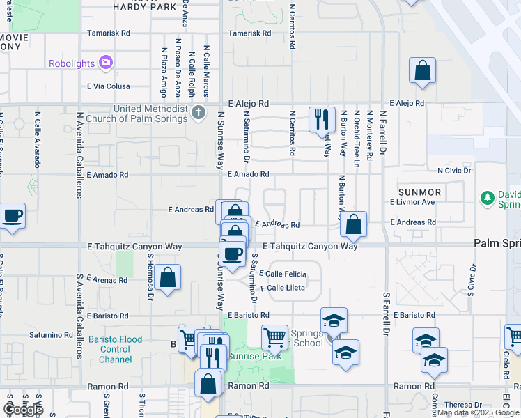 map of restaurants, bars, coffee shops, grocery stores, and more near 245 Northwest Cerritos Drive in Palm Springs