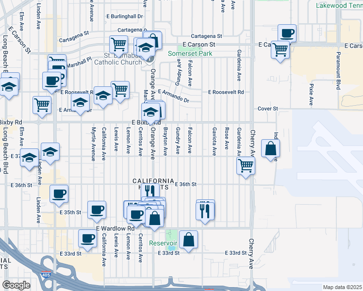 map of restaurants, bars, coffee shops, grocery stores, and more near 3723 Gundry Avenue in Long Beach