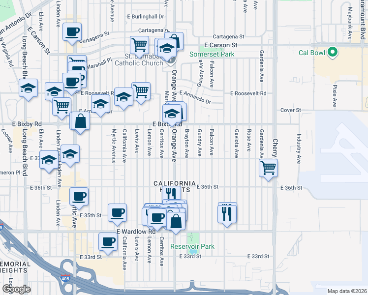 map of restaurants, bars, coffee shops, grocery stores, and more near 3724 Orange Avenue in Long Beach