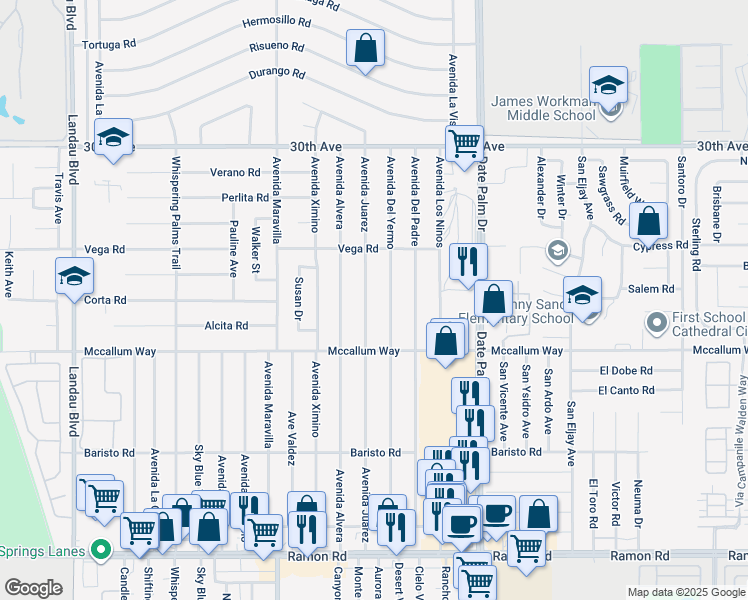 map of restaurants, bars, coffee shops, grocery stores, and more near 30750 Avenida Juarez in Cathedral City