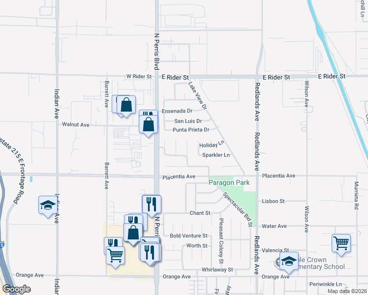 map of restaurants, bars, coffee shops, grocery stores, and more near 2866 Magellan Ln in Perris