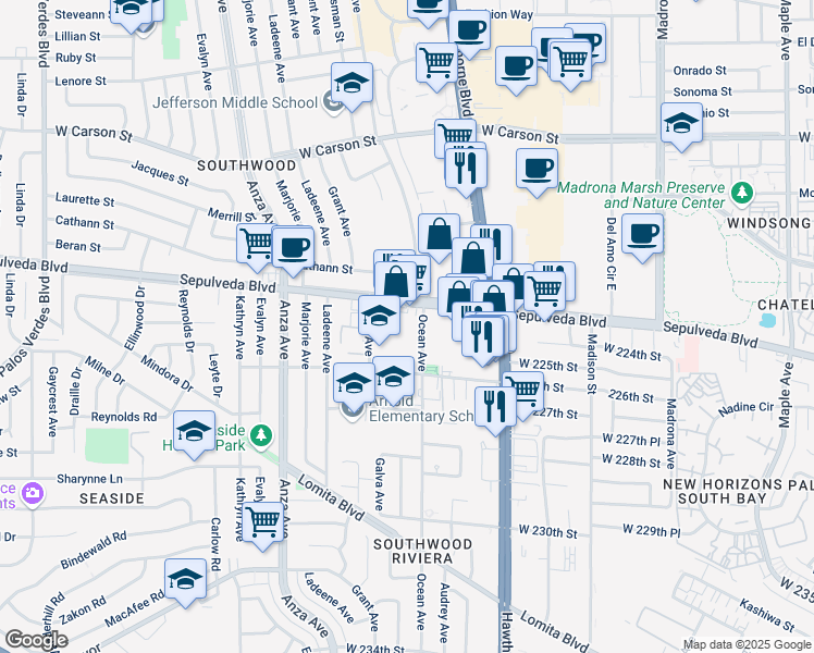 map of restaurants, bars, coffee shops, grocery stores, and more near 22333 Ocean Avenue in Torrance