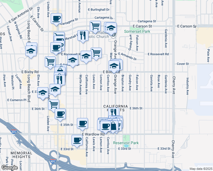 map of restaurants, bars, coffee shops, grocery stores, and more near 3721 Cerritos Avenue in Long Beach