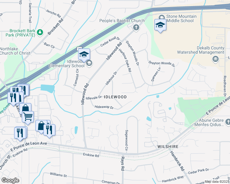 map of restaurants, bars, coffee shops, grocery stores, and more near 1503 Idlehour Way in Tucker