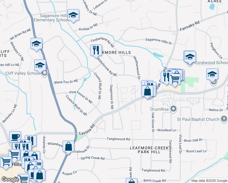 map of restaurants, bars, coffee shops, grocery stores, and more near 1509 Sagamore Drive Northeast in Atlanta