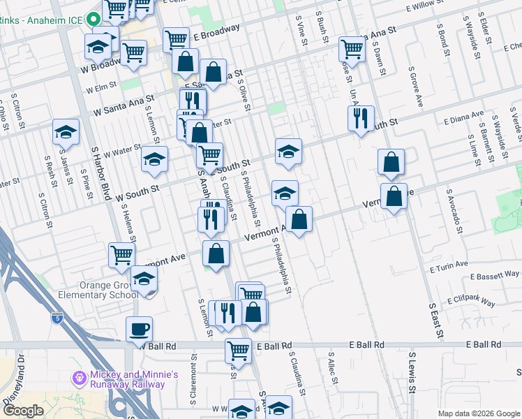 map of restaurants, bars, coffee shops, grocery stores, and more near 870 South Philadelphia Street in Anaheim