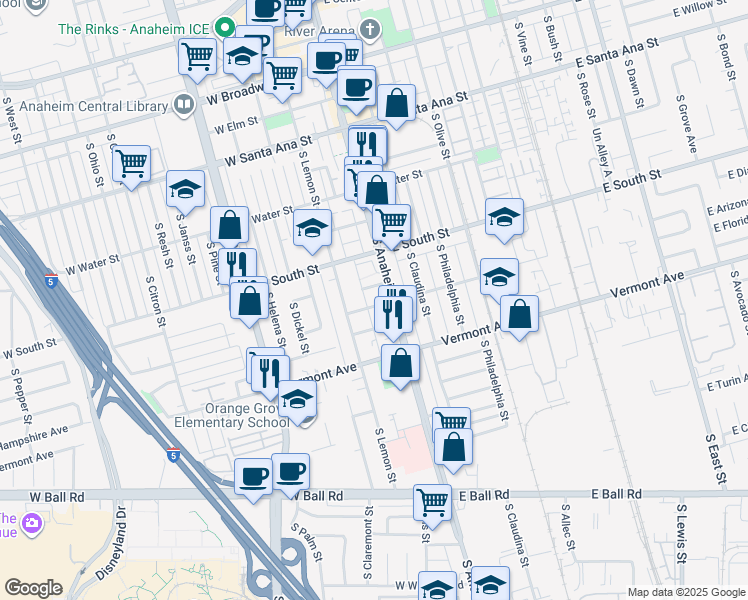 map of restaurants, bars, coffee shops, grocery stores, and more near 101 West Valencia Avenue in Anaheim